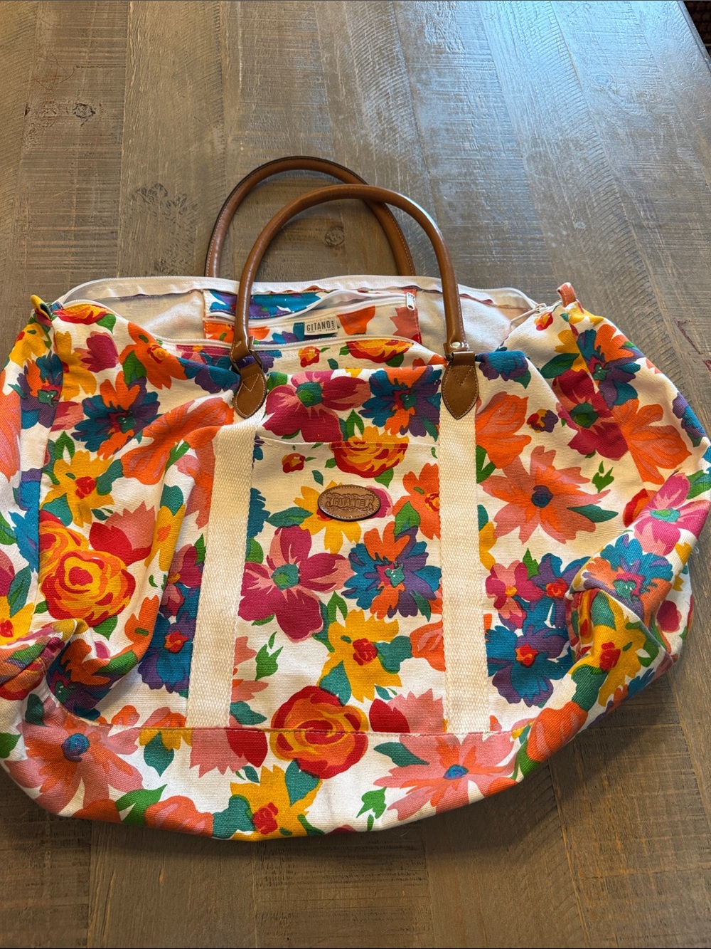 Vintage Gitano Multicolor Floral Canvas Overnight Tote with Brown Handles